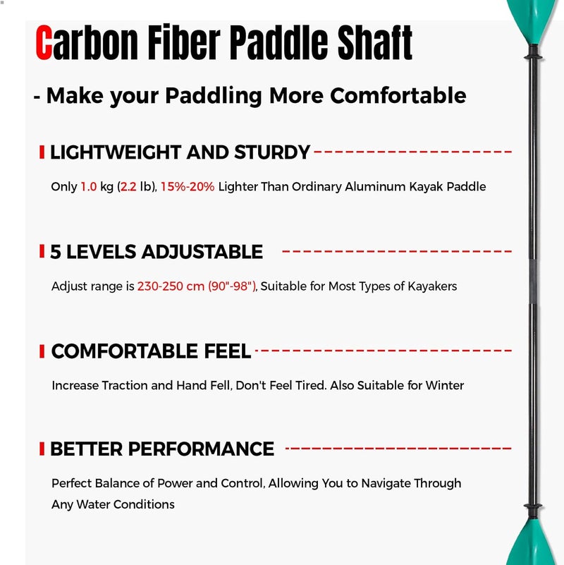 WONITAGO Kayak Paddle Carbon Fiber Shaft and Reinforced Nylon Blade, Adjustable Kayaking Oars, 3 Piece, 230-250 cm/90-98 Inches,210-230 cm/82-90 inches - Image 3